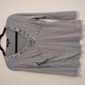 CHAUS Gray Long Sleeve Sequined Top PM